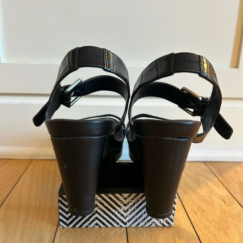 Calvin Klein Glossy Black Croc Wedge Sandals
